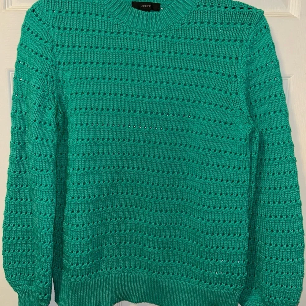 J. Crew Patina Green Balloon Sleeve Pointelle Crew Neck Sweater Sz S